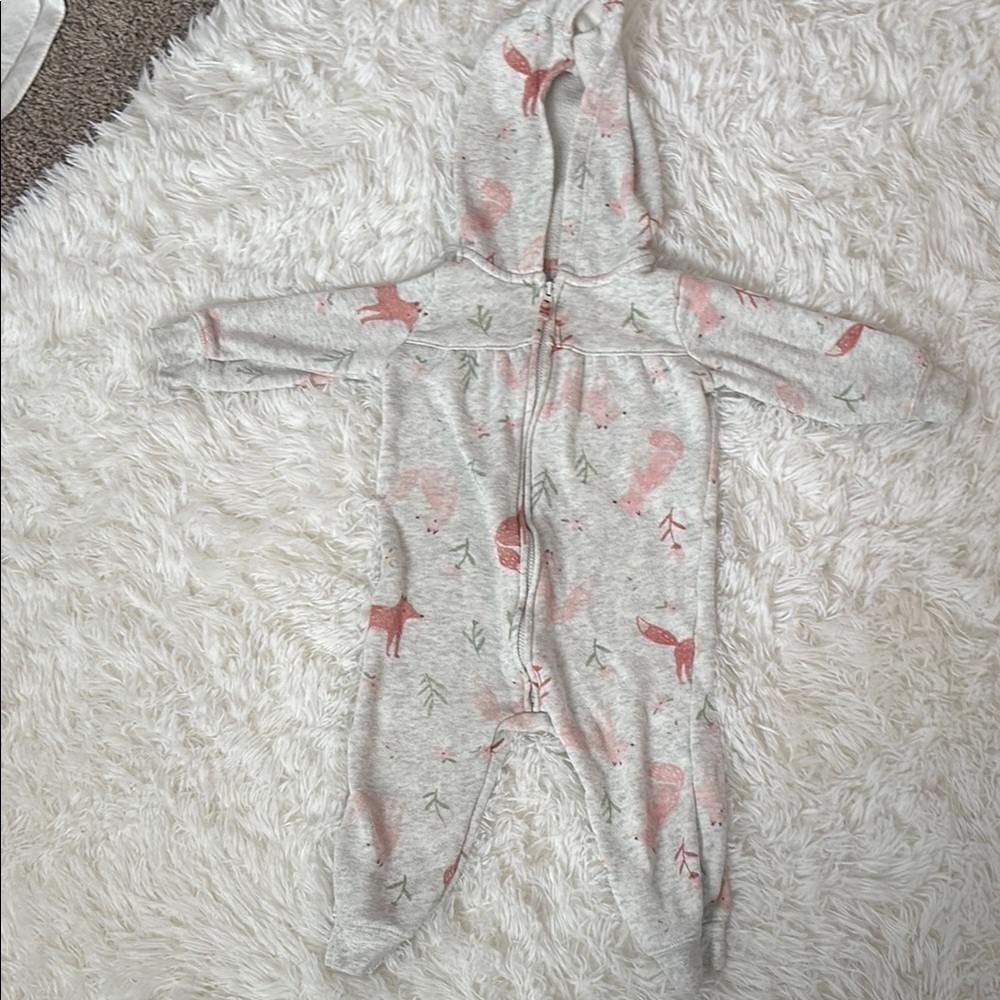 Gray Hooded Baby Onesie with Pink Fox Print. 12 Months.